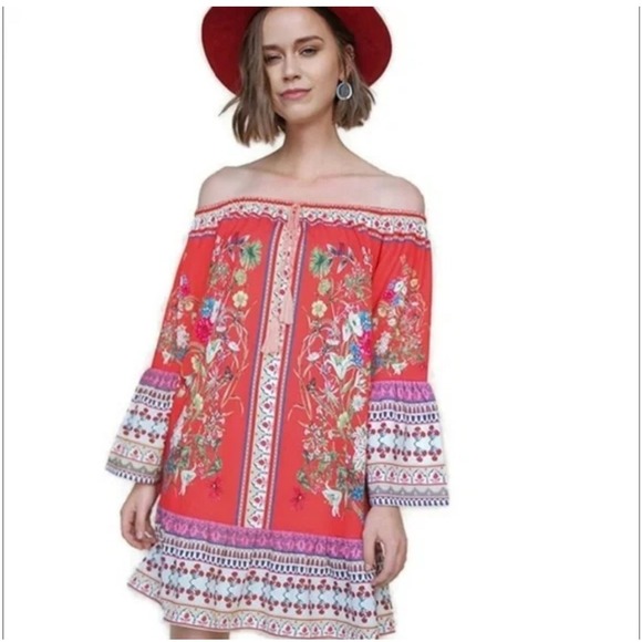 Umgee Red Boho Off Shoulder Mini Shift Dress, Large - Picture 1 of 7